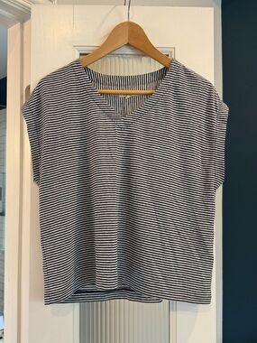 Madewell Striped V-Neck Short Sleeve Top - Navy and White